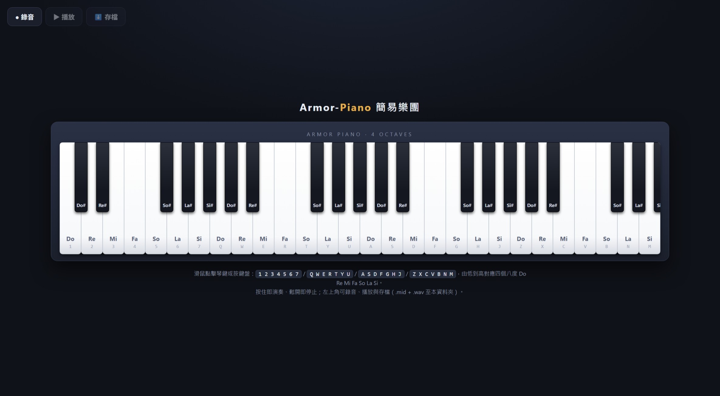 The Armor-Piano web page produced by OpenCode: four octaves of keys and a record/play/save bar